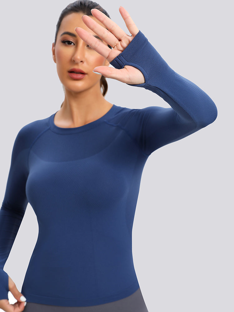 MathCat Seamless Long Sleeve Workout Shirts for Women Navy