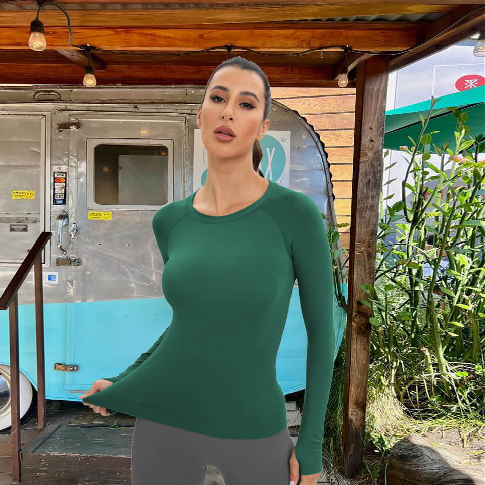 MathCat Long Sleeve Workout Shirt Breathable Thumb Holes Tops Dark Green