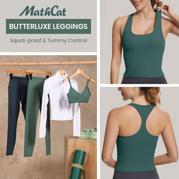 MathCat Square Collar Sleeveless Ribbed Racerback Vest with Built-in Bra Grey Green