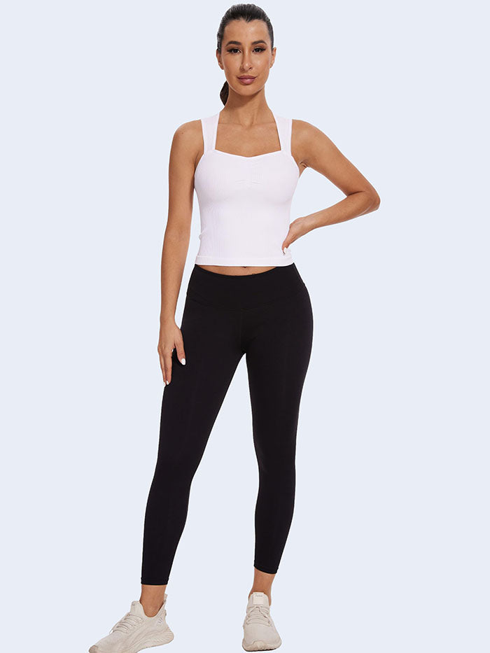 MathCat Square Neck Seamless Athletic Ribbed Racerback Crop Gym Tank Top White