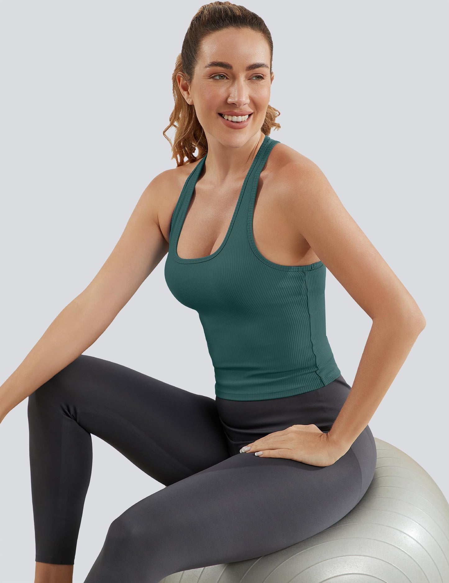 MathCat Square Collar Sleeveless Ribbed Racerback Vest with Built-in Bra Grey Green