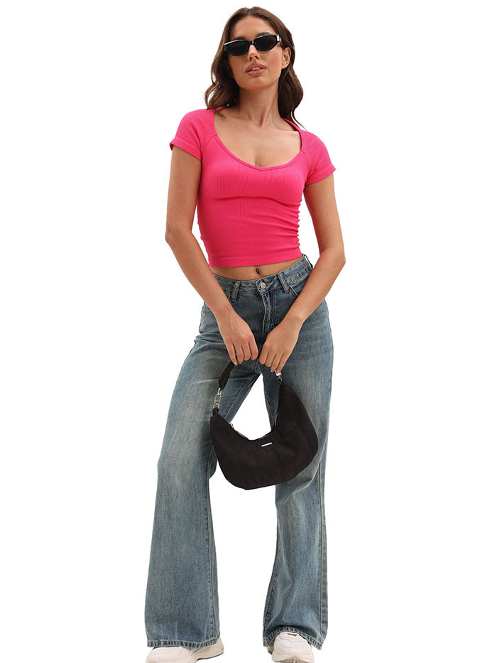 MATHCAT Women Y2K Deep V Neck Ribbed T Shirts Wholesale