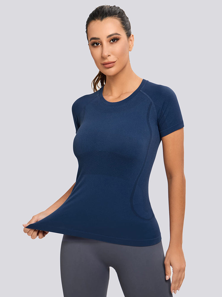 MathCat Yoga Short Sleeve Shirts Soft Seamless Gym T-Shirts Navy