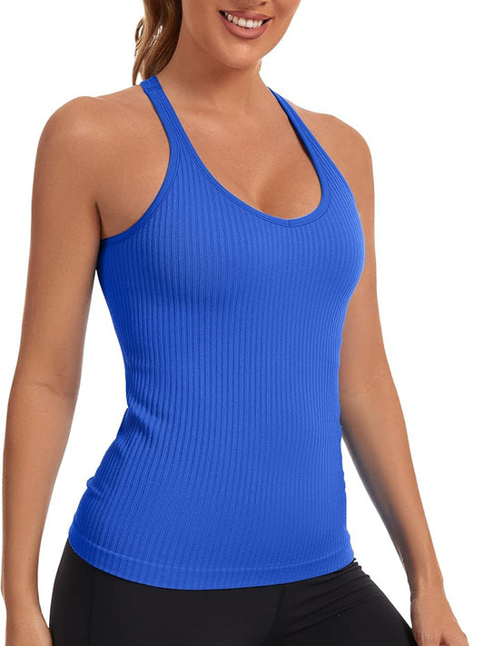 MATHCAT Workout Tank Tops for Women with Built in Bra, Seamless V Neck Tops Fitness Workout Yoga Shirts