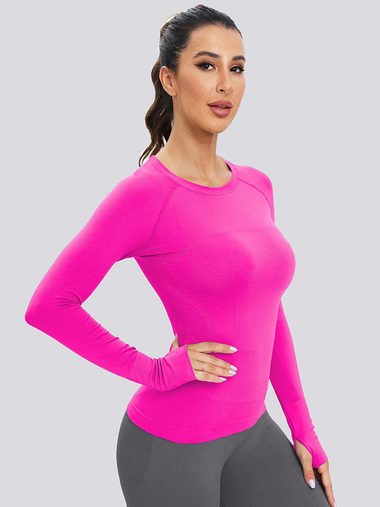 MathCat Long Sleeve Workout Shirts Breathable Thumb Holes Tops Rosered2