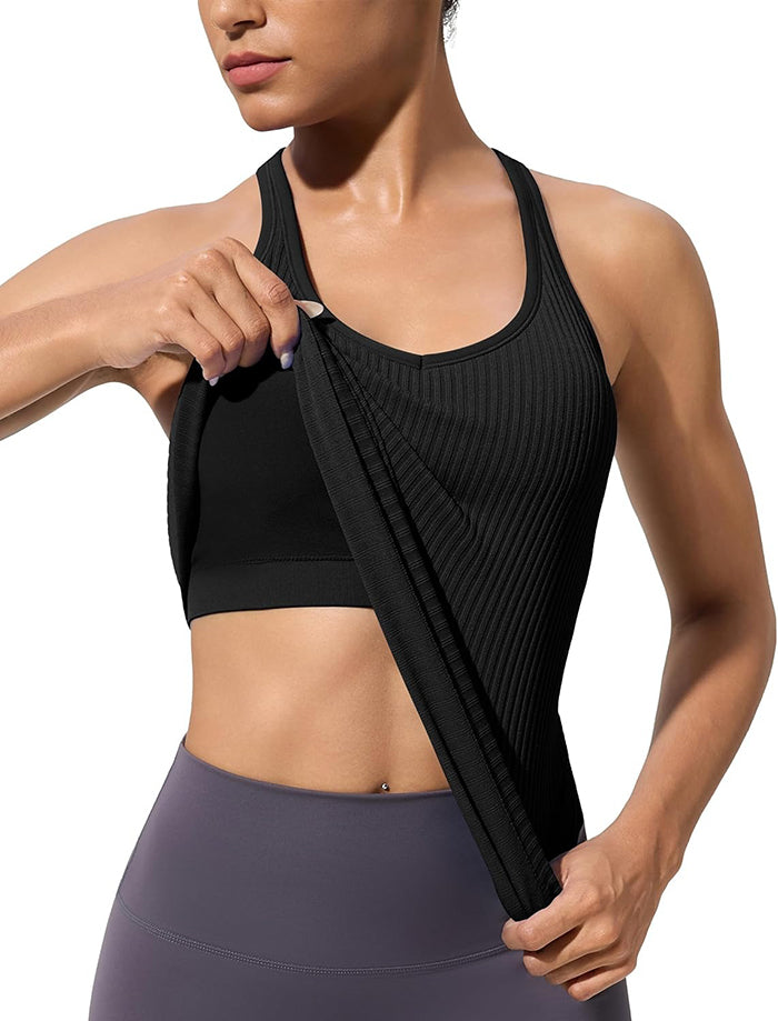 MATHCAT Workout Tank Tops for Women with Built in Bra, Seamless V Neck Tops Fitness Workout Yoga Shirts