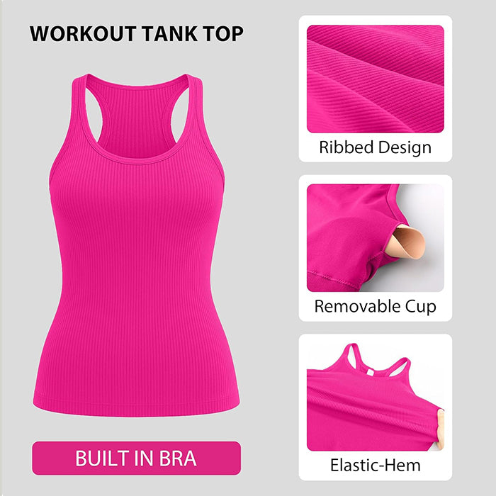 MATHCAT Workout Tank Tops for Women with Built in Bra, Seamless Ribbed Racerback Camisole Tops, Sleeveless Gym Yoga Shirts