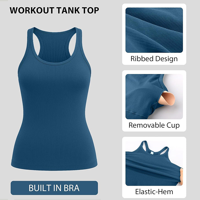 MATHCAT Workout Tank Tops for Women with Built in Bra, Seamless Ribbed Racerback Camisole Tops, Sleeveless Gym Yoga Shirts