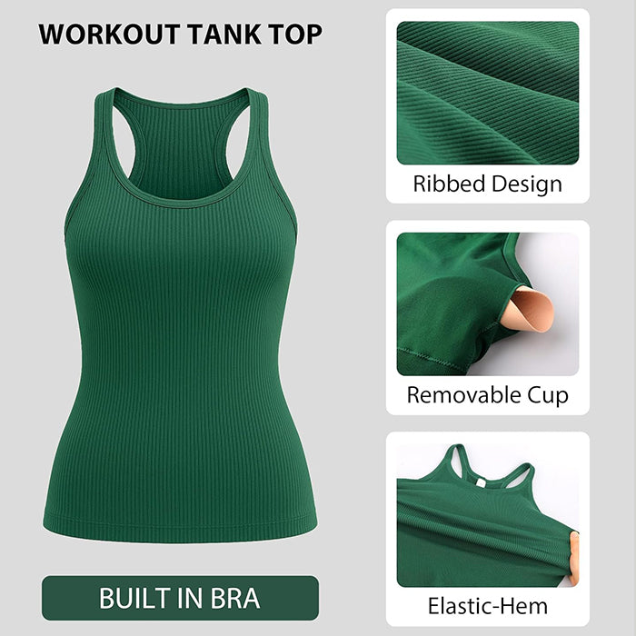 MATHCAT Workout Tank Tops for Women with Built in Bra, Seamless Ribbed Racerback Camisole Tops, Sleeveless Gym Yoga Shirts