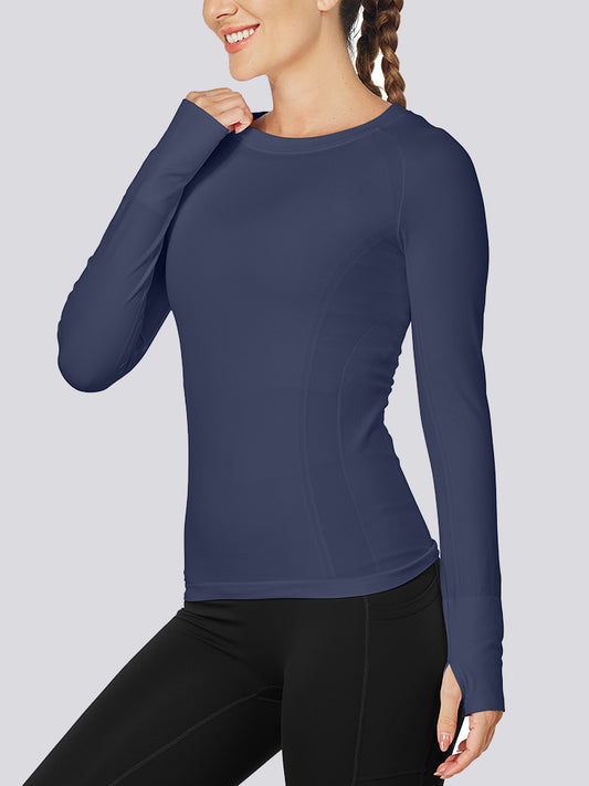 MathCat Quick Dry Gym Athletic Long Sleeve Workout Shirts for Women 2 Navy-long