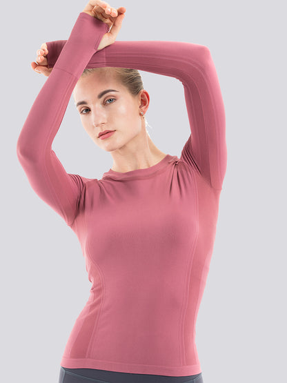 Mathcat Seamless Workout Shirts Breathable Long Sleeve Yoga Tops Brick Red