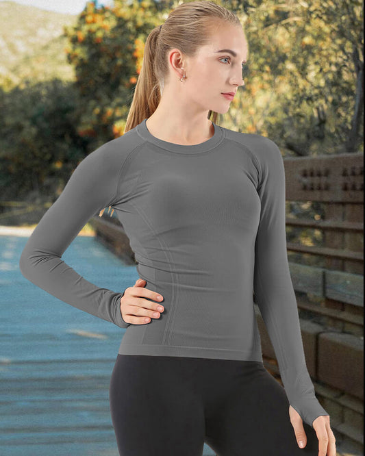 Mathcat Seamless Workout Shirts Breathable Long Sleeve Yoga Tops Blue Grey