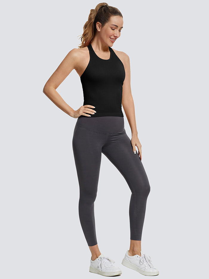 MathCat Ribbed Racerback Crop Workout Tank Top for Women with Built-in Bra-Black