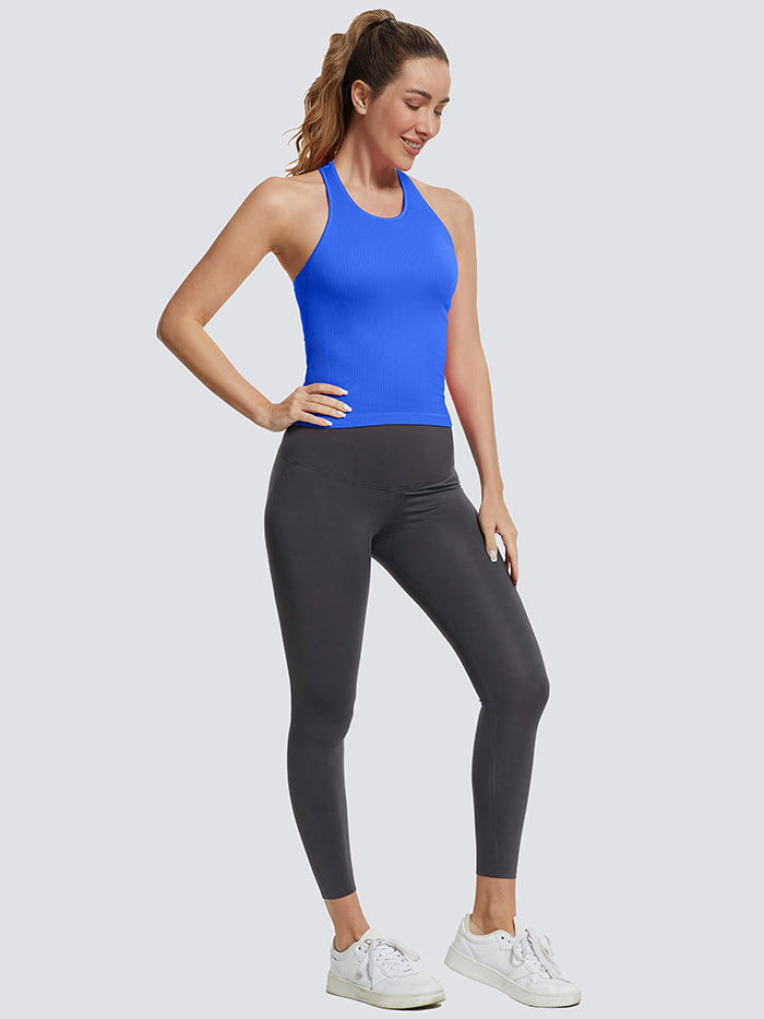 MathCat Ribbed Racerback Crop Workout Tank Top for Women with Built-in Bra-Klein Blue
