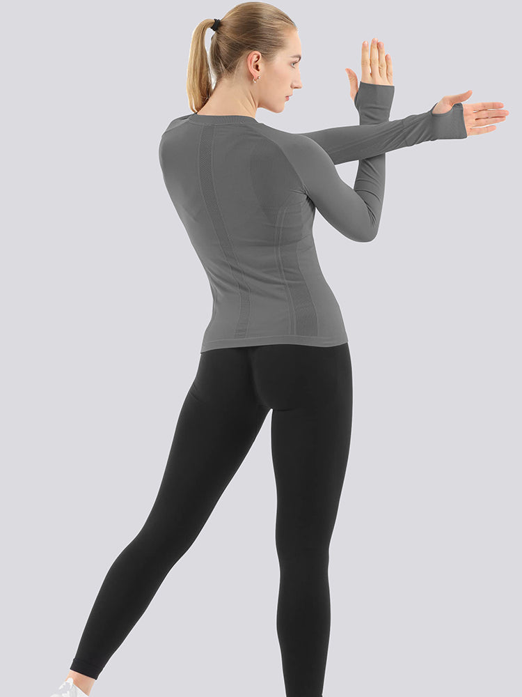 Mathcat Seamless Workout Shirts Breathable Long Sleeve Yoga Tops Blue Grey
