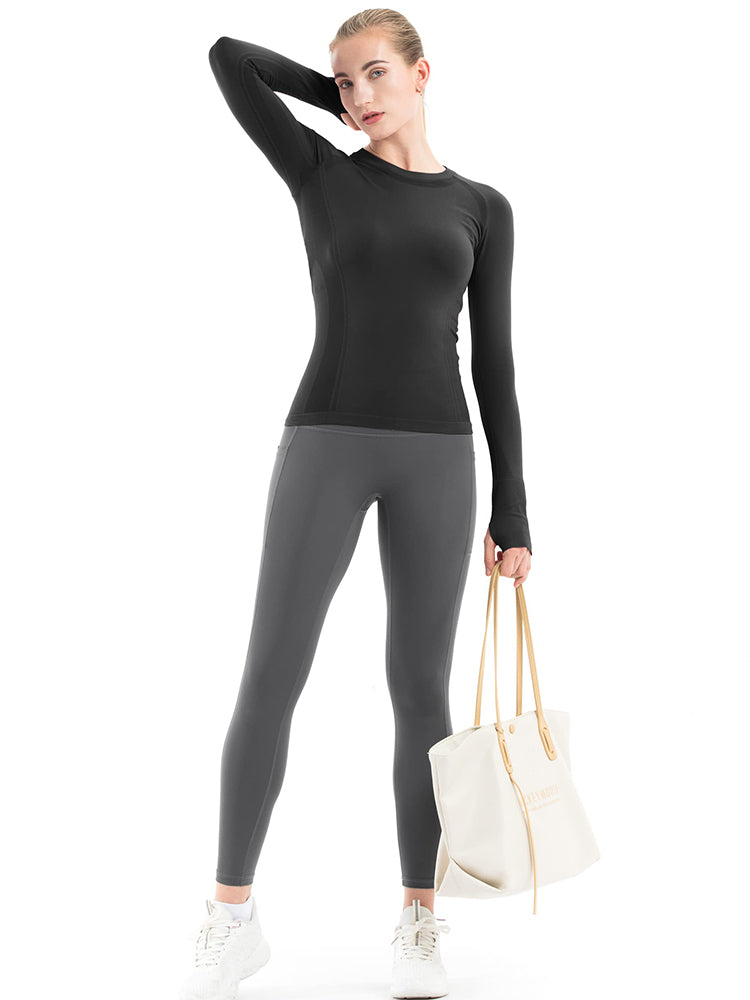 MathCat Breathable Seamless Long Sleeve Workout Shirts  Sports Running Yoga Shirt Black