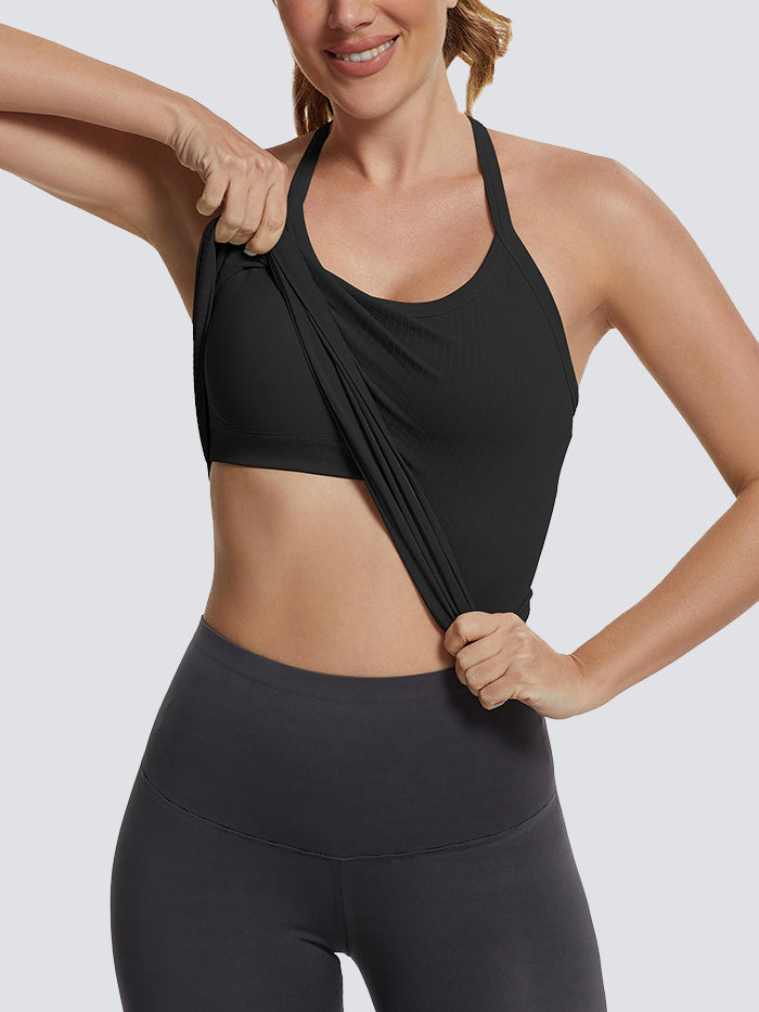 MathCat Ribbed Soft Seamless Workout Racerback Tank Tops with Built-in Bra Black