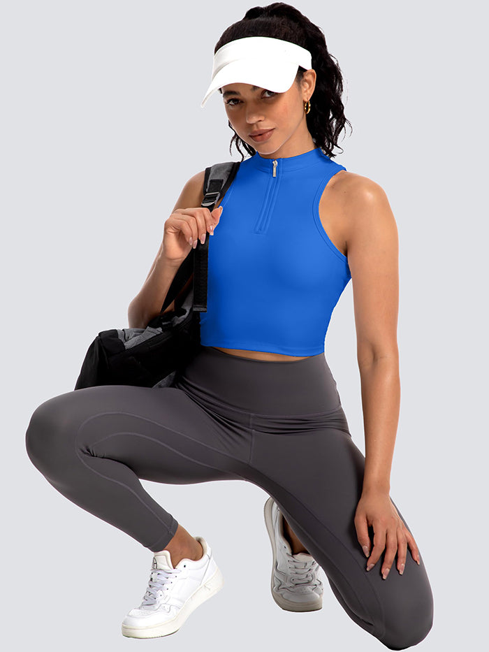 MathCat Half Zipper Racerback Crop Workout Tank Tops Lakeblue