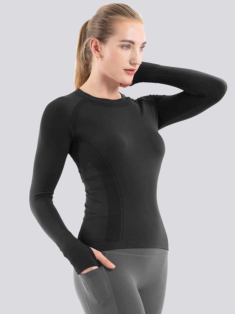 MathCat Breathable Seamless Long Sleeve Workout Shirts  Sports Running Yoga Shirt Black