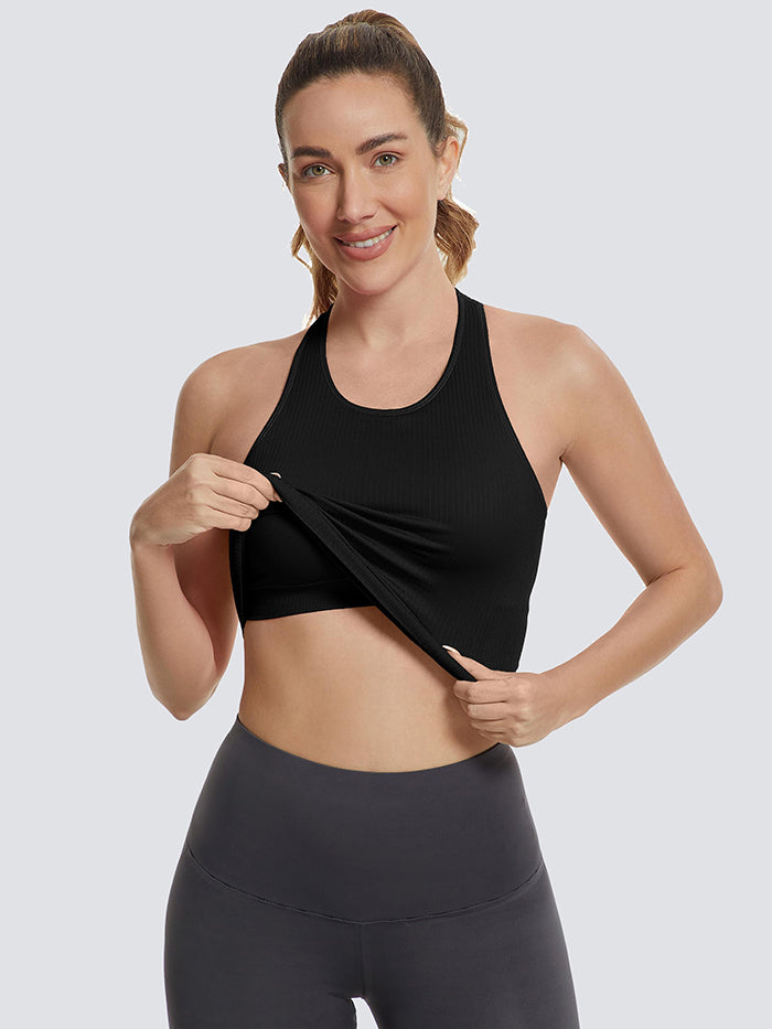MathCat Ribbed Racerback Crop Workout Tank Top for Women with Built-in Bra-Black
