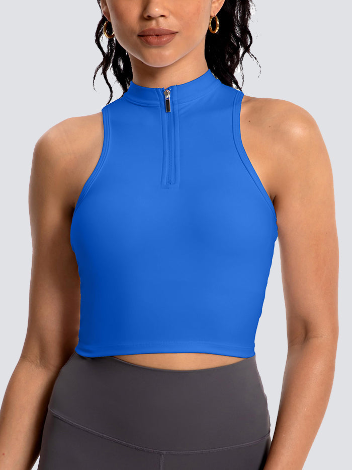 MathCat Half Zipper Racerback Crop Workout Tank Tops Lakeblue