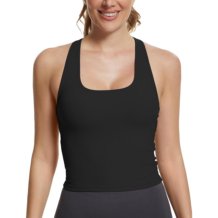 MATHCAT Square Collar Sleeveless Ribbed workout tank top with Built-in Bra