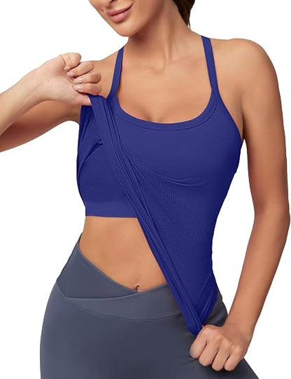 MATHCAT Women Seamless Racerback Athletic Running tank-Gym Tank With Built in Bra-Suitable for Yoga, Gym,Pilates