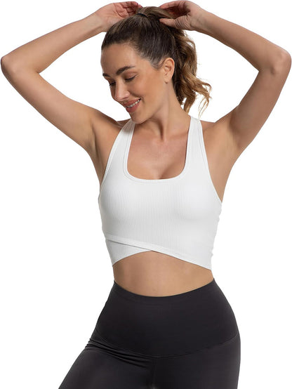 MATHCAT Cross Hem Crop Sports Bras with Built in Bra