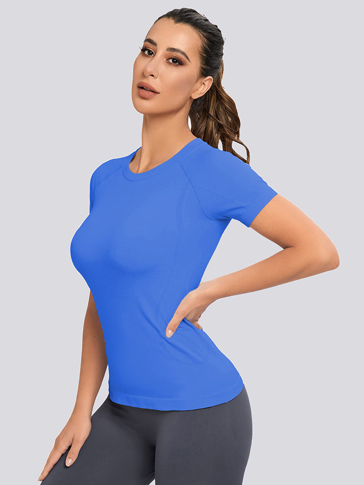 MathCat Yoga Short Sleeve Shirts Soft Seamless Gym T-Shirts Blue03