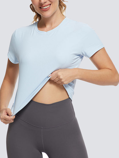 MathCat Cross Hem Workout Shirts Ribbed Seamless Sports Sky Bluec