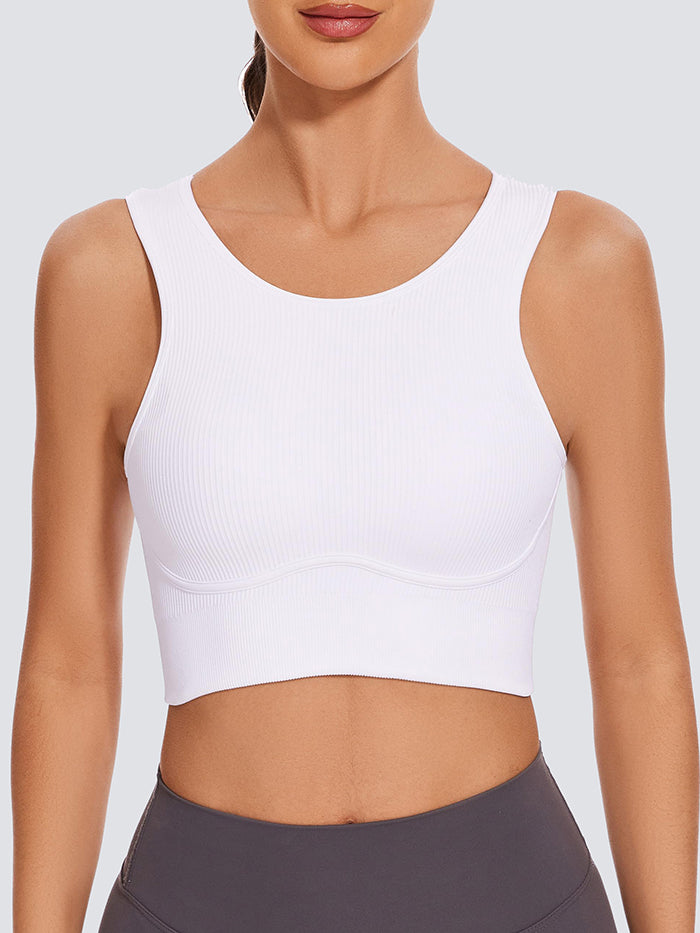 MathCat Seamless Ribbed  Backless Medium Support Sports Bras with Removable Pads White