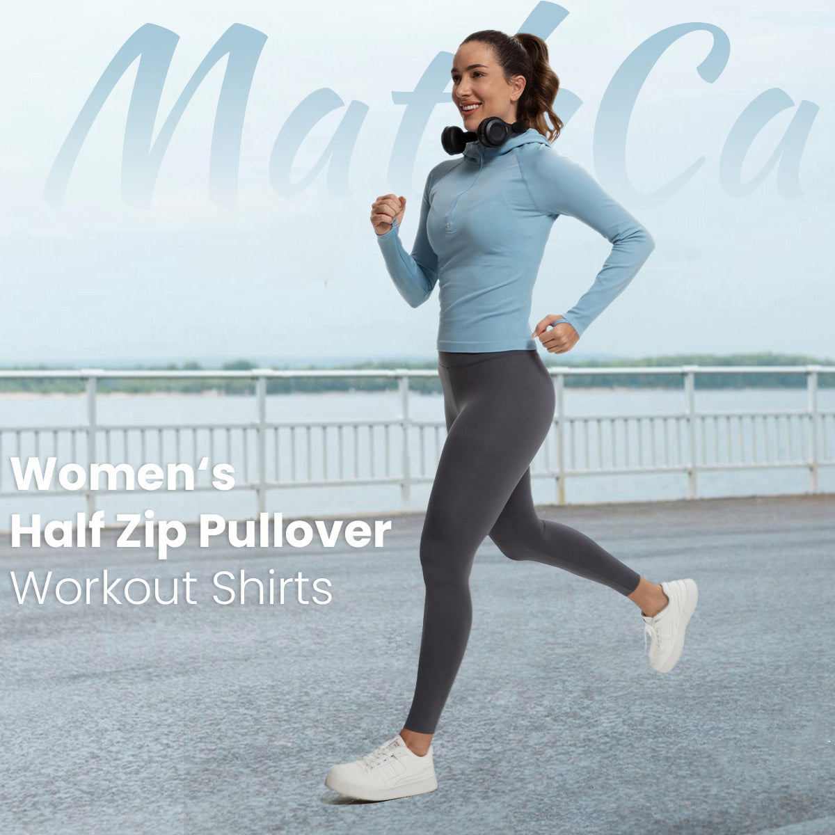 MathCat Long Sleeve Workout Zip Pullover Sweatshirt Hoodie with Thumb Hole Light Blue