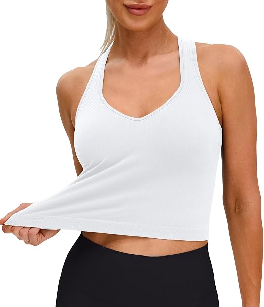 MathCat Seamless Longline Sports Bra Racerback Tank Tops for Women Slight V-Neck Ribbed Padded Workout Yoga Top