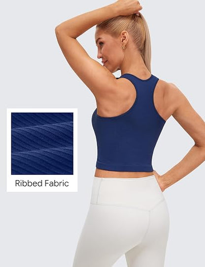 MathCat Seamless Longline Sports Bra Racerback Tank Tops for Women Slight V-Neck Ribbed Padded Workout Yoga Top
