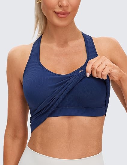 MathCat Seamless Longline Sports Bra Racerback Tank Tops for Women Slight V-Neck Ribbed Padded Workout Yoga Top