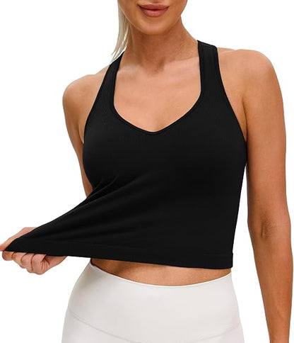 MathCat Seamless Longline Sports Bra Racerback Tank Tops for Women Slight V-Neck Ribbed Padded Workout Yoga Top