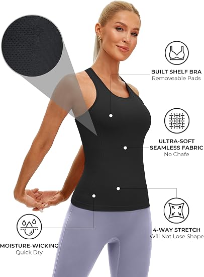 MathCat Racerback Workout Tank Tops for Women, Seamless Padded Athletic Yoga Tops Camisole Shirts with Built in Bra