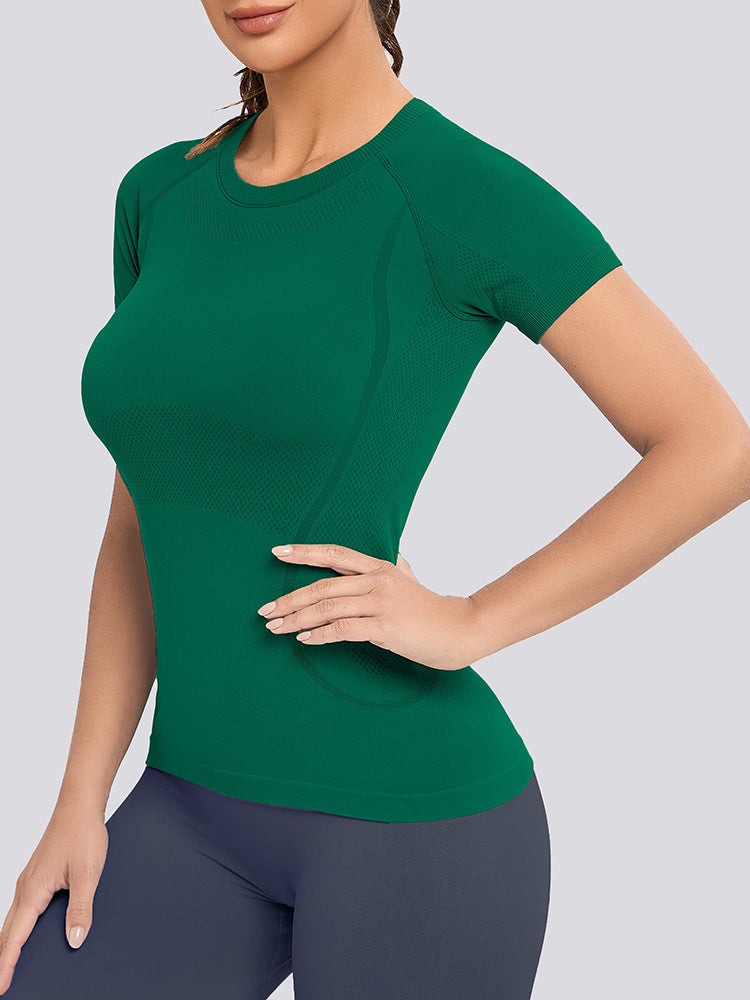 MathCat Yoga Short Sleeve Shirts Soft Seamless Gym T-Shirts Azuregreen
