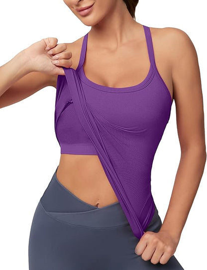 MATHCAT Women Seamless Racerback Athletic Running tank-Gym Tank With Built in Bra-Suitable for Yoga, Gym,Pilates