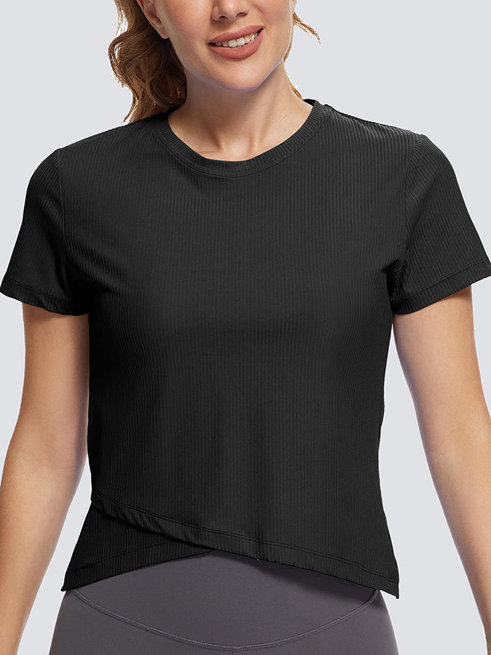 MathCat Cross Hem Workout Shirts Ribbed Seamless Sports Black