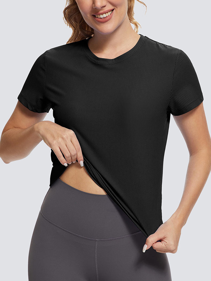 MathCat Cross Hem Workout Shirts Ribbed Seamless Sports Black