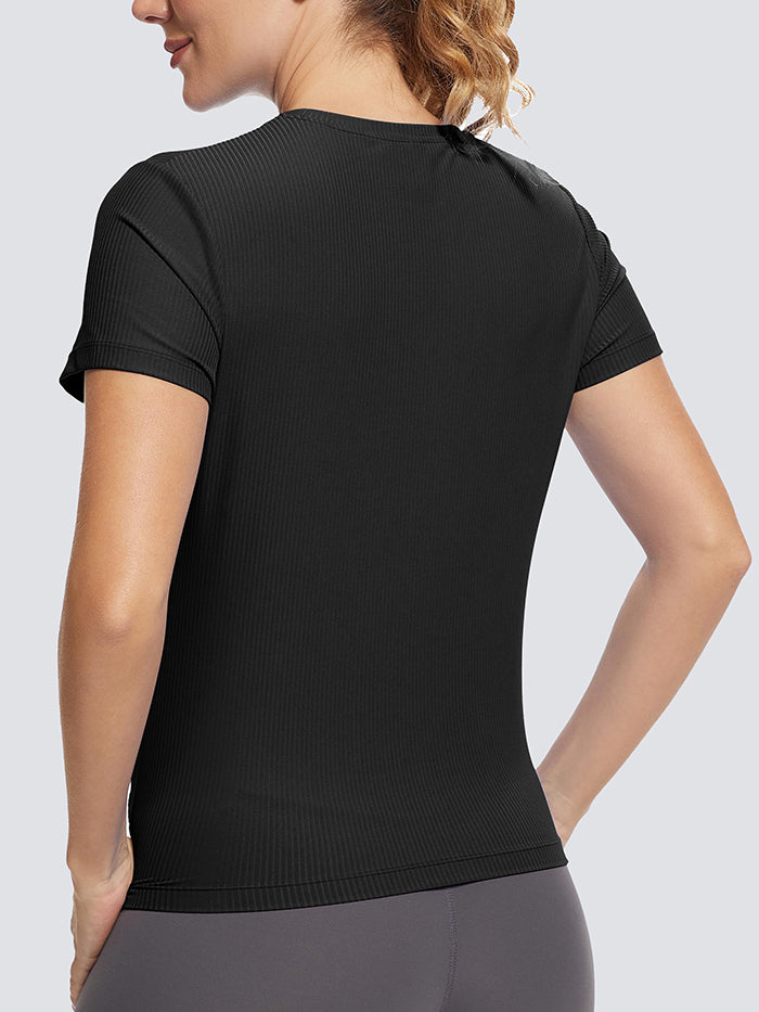 MathCat Cross Hem Workout Shirts Ribbed Seamless Sports Black