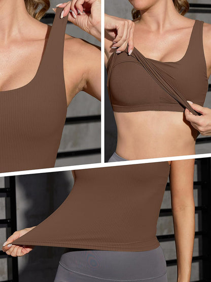 Padded Scoop Neck Slimming Ribbed Athletic Tank Top with Built in Bra