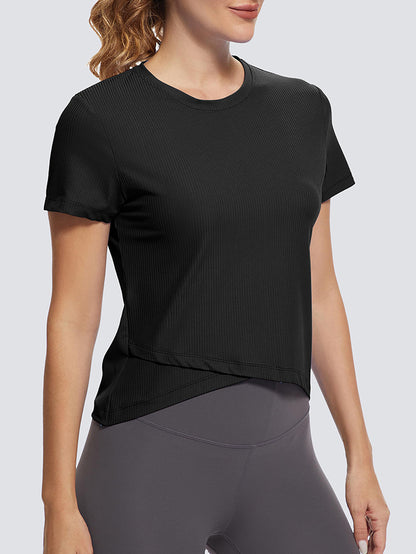 MathCat Cross Hem Workout Shirts Ribbed Seamless Sports Black