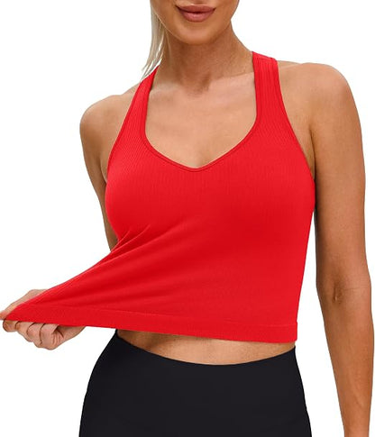 MathCat Seamless Longline Sports Bra Racerback Tank Tops for Women Slight V-Neck Ribbed Padded Workout Yoga Top