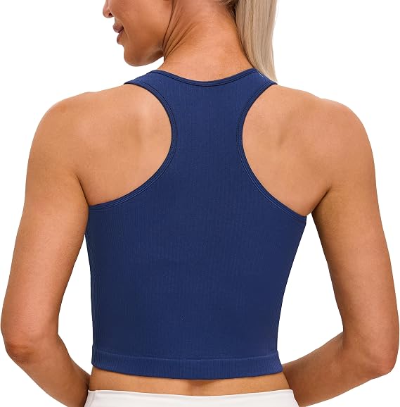 MathCat Seamless Longline Sports Bra Racerback Tank Tops for Women Slight V-Neck Ribbed Padded Workout Yoga Top