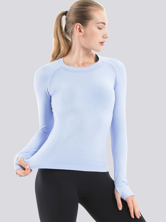 Mathcat Seamless Workout Shirts Breathable Long Sleeve Yoga Tops Blue