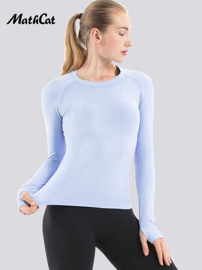 Mathcat Seamless Workout Shirts Breathable Long Sleeve Yoga Tops Blue