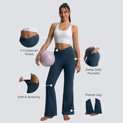 MATHCAT-Wholesale Flare Leggings for Women with Pockets, Crossover High Waisted Bootcut Black Flared Pants for Yoga Workout Gym