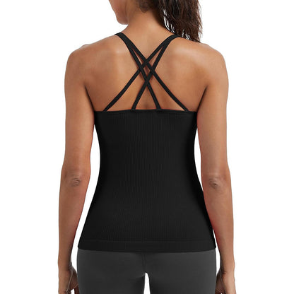 MATHCAT Seamless Workout Tank Tops for Women with Built in Bra, Spaghetti Strap Ribbed Athletic Strappy Back Yoga Shirts